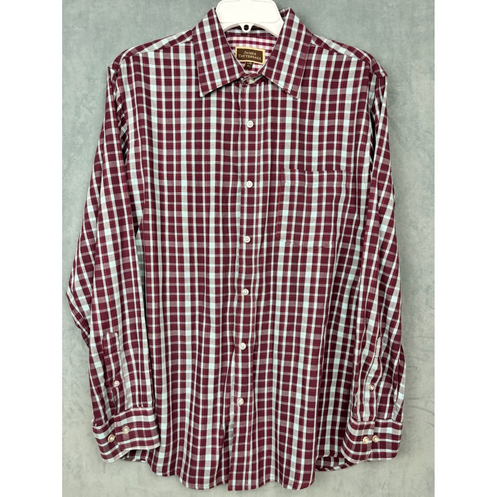 James Tattersall Mens Large Burgundy Blue Plaid Cotton Button Down Shirt JW664